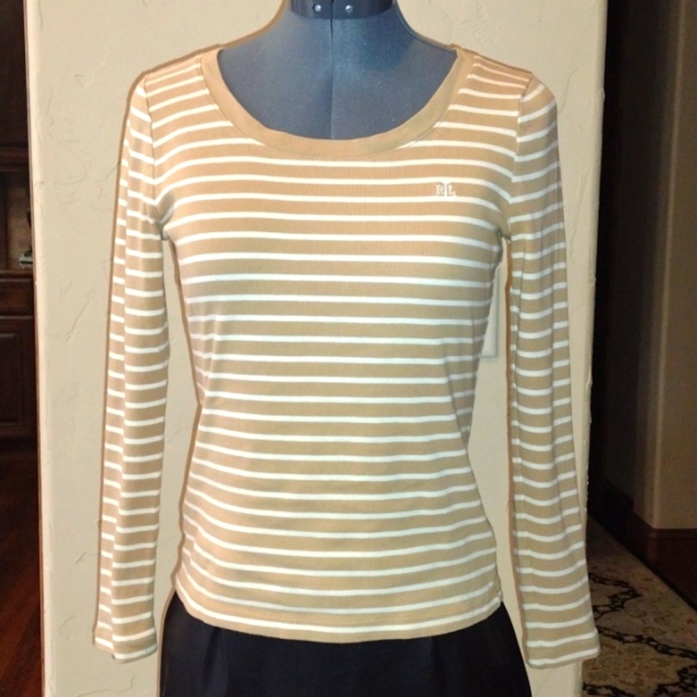 LaurenRL Tan Striped Long Sleeve Knit